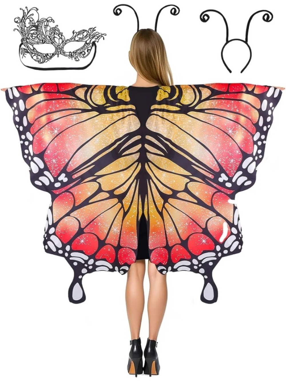 Women’s Butterfly Wing Cape Shawl with Lace Mask and Black Antenna Headband